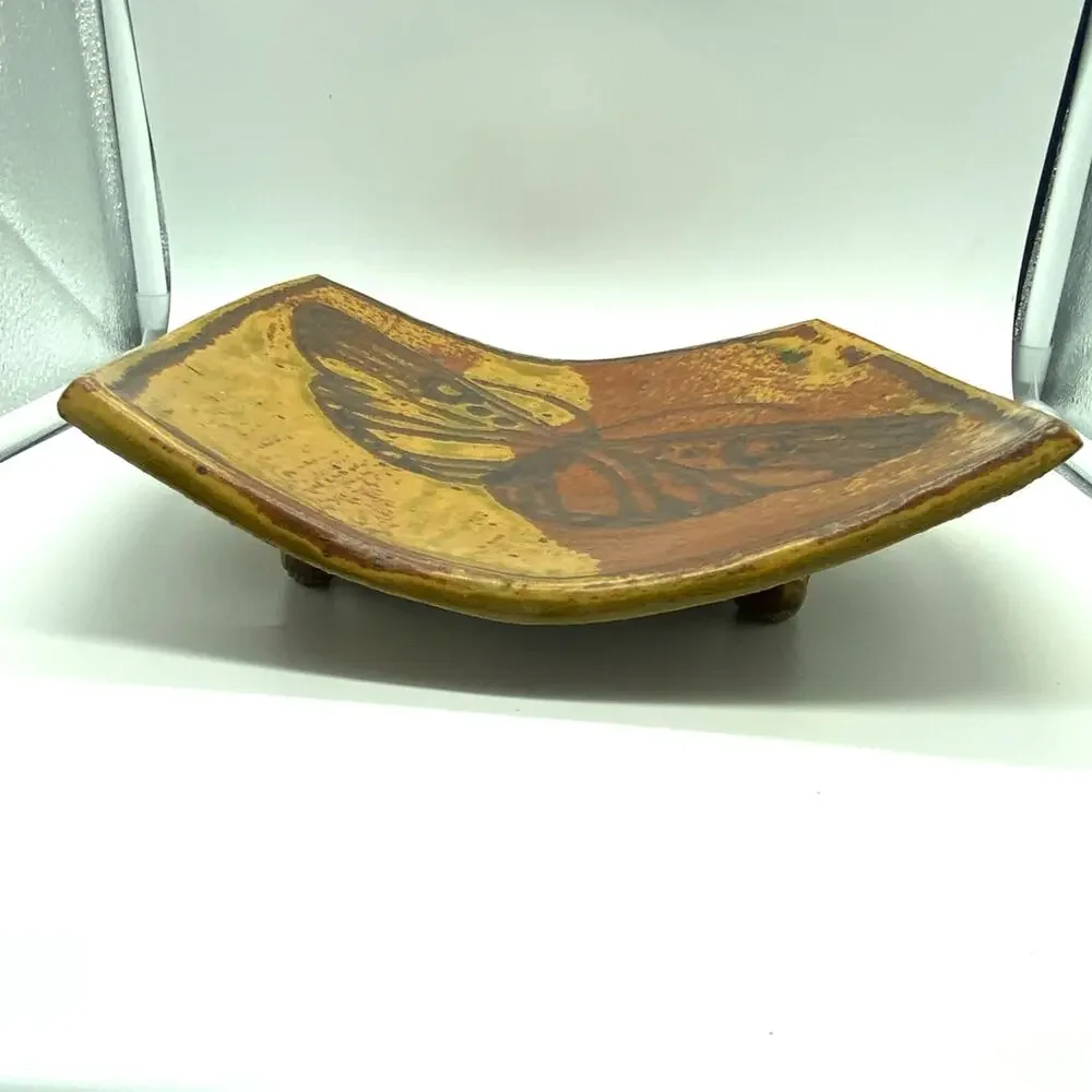 Vintage Butterfly signed Studio Pottery Gold‎ Burnt orange footed dish signed